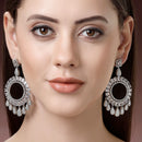 Rhodium Plated with Circular Shaped White American Diamonds Studded Drop Earrings
