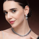 Rhodium Plated Silver Toned Navy Blue & White American Diamond Studded Jewellery Set
