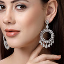 Rhodium Plated with Circular Shaped White American Diamonds Studded Drop Earrings