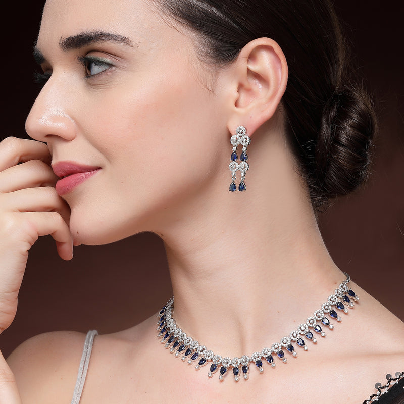 Rhodium Plated Silver Toned Navy Blue & White American Diamond Studded Jewellery Set