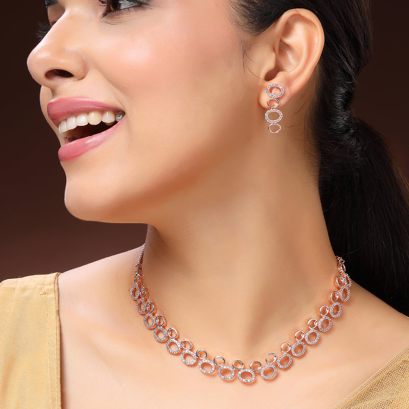 Rose Gold Plated Oval Shaped White American Diamond Studded Jewellery Set