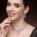 Rhodium Plated Silver Toned Floral White American Diamond Studded Jewellery Set