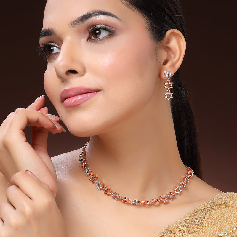 Rose Gold Plated Star Shaped White American Diamond Studded Jewellery Set