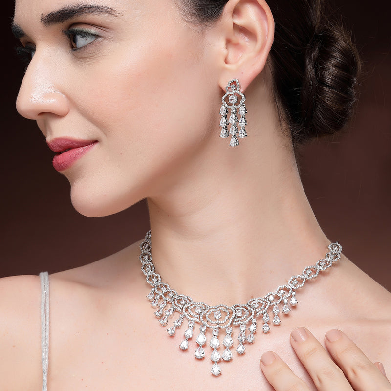 Rhodium Plated Silver Toned Floral White American Diamond Studded Jewellery Set