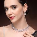 Rhodium Plated Silver Toned Rose Shaped Pink & White American Diamond Studded Jewellery Set