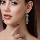 Rhodium Plated Fringed Tassel Sea Green American Diamond Contemporary Long Drop Earrings