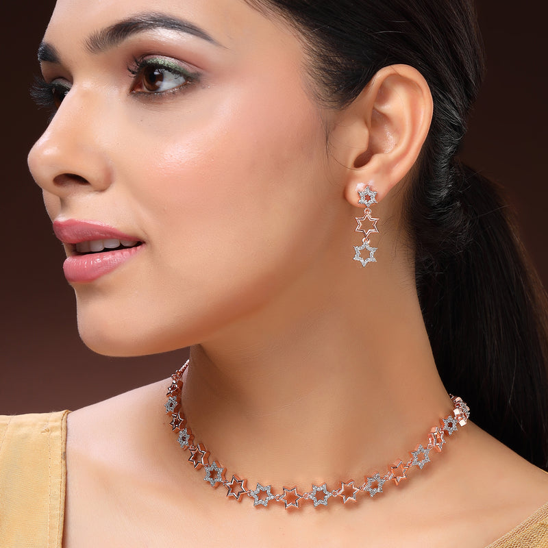 Rose Gold Plated Star Shaped White American Diamond Studded Jewellery Set