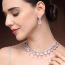 Rhodium Plated Silver Toned Rose Shaped Pink & White American Diamond Studded Jewellery Set
