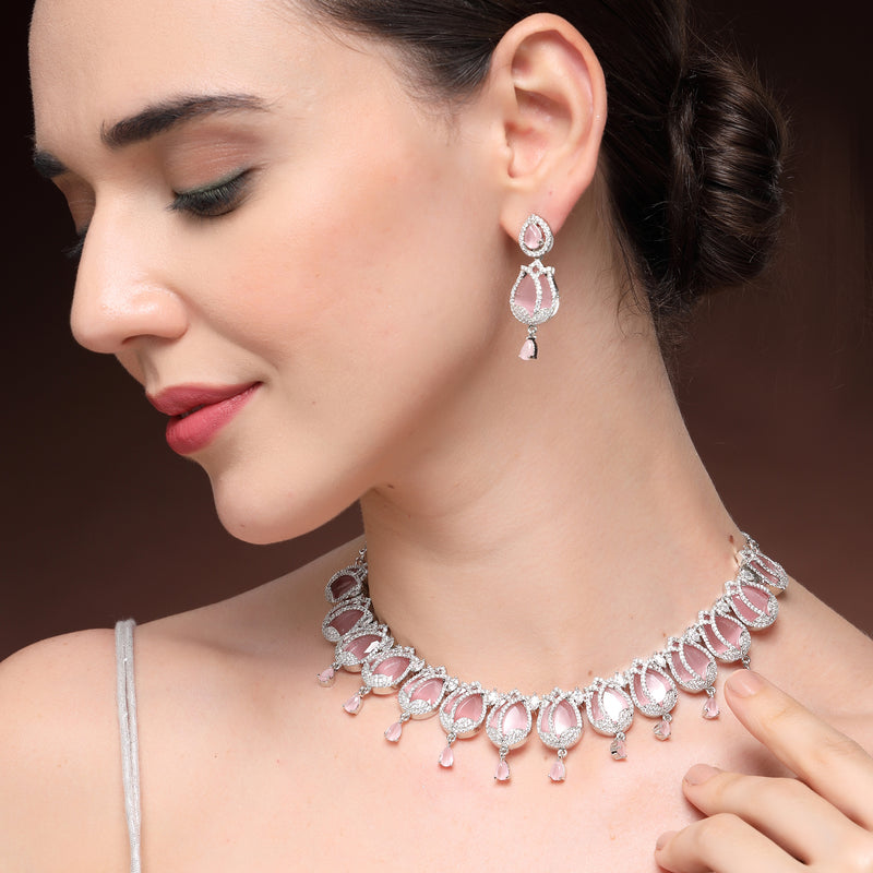 Rhodium Plated Silver Toned Rose Shaped Pink & White American Diamond Studded Jewellery Set