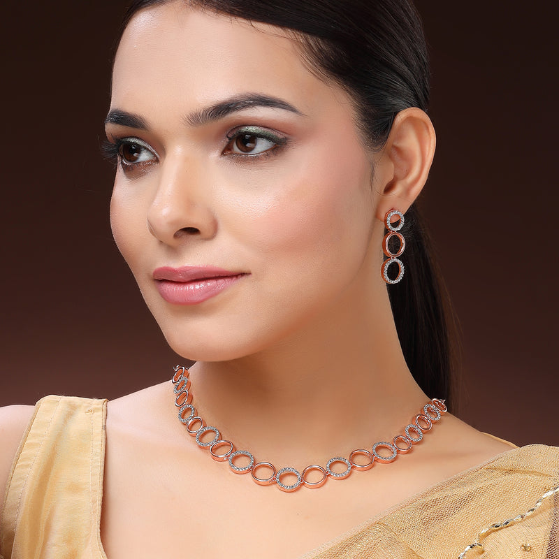 Rose Gold Plated Circular Shaped White American Diamond Studded Jewellery Set