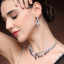 Rhodium Plated Silver Toned Teardrop Shaped Blue & White American Diamond Studded Jewellery Set