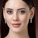 Rhodium Plated with Leaf Shaped White American Diamonds Studded Small Drop Earrings