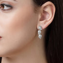 Rhodium Plated with Leaf Shaped White American Diamonds Studded Small Drop Earrings