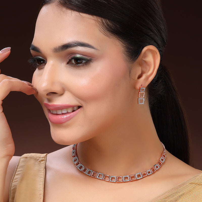 Rose Gold Plated Square Shaped American Diamond Studded Jewellery Set