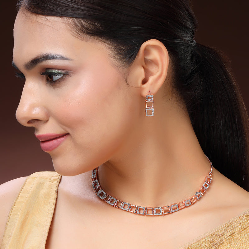 Rose Gold Plated Square Shaped American Diamond Studded Jewellery Set