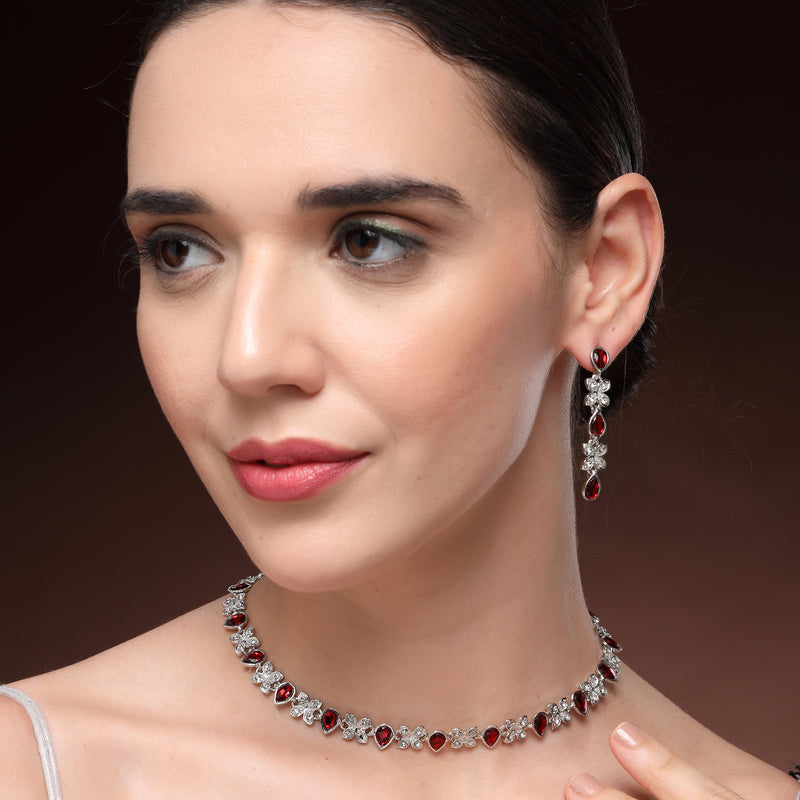 Rhodium Plated Silver Toned Butterfly Shaped Red Cubic Zirconia Studded Jewellery Set