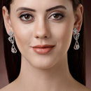 Rhodium Plated Geometric Floral White American Diamond Contemporary Long Drop Earrings