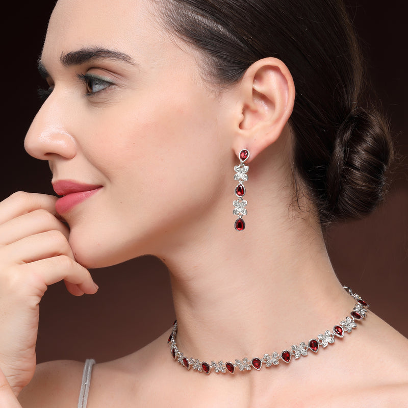 Rhodium Plated Silver Toned Butterfly Shaped Red Cubic Zirconia Studded Jewellery Set