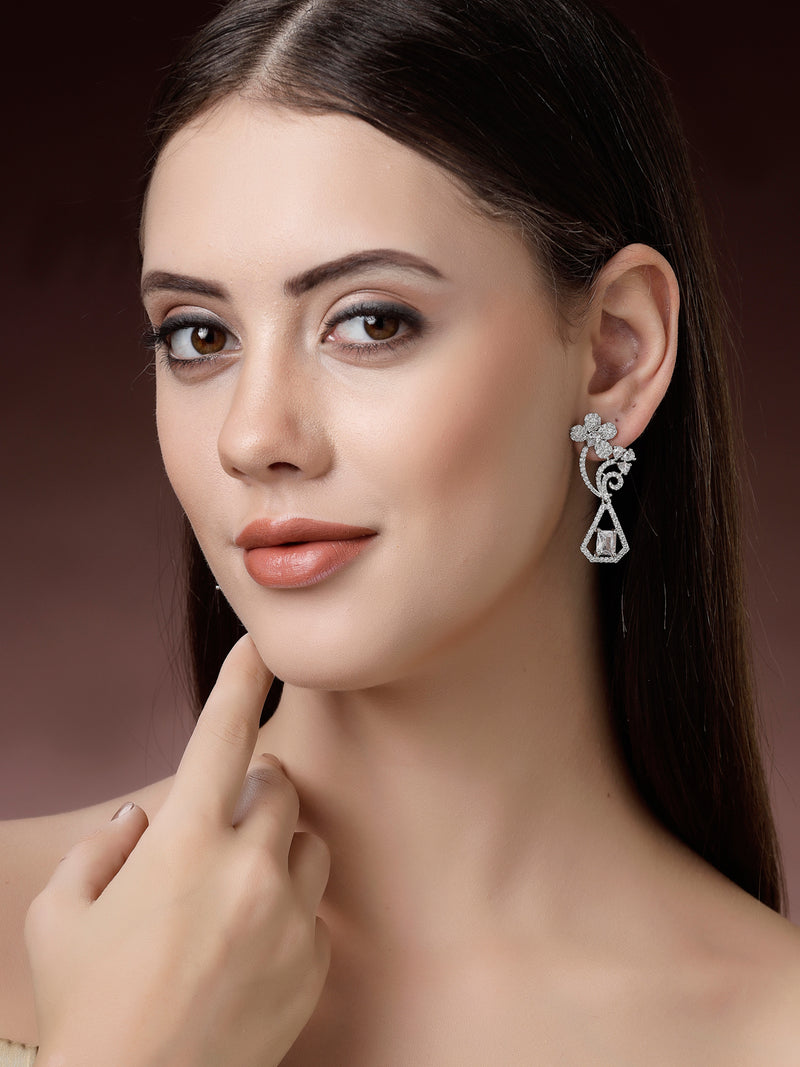 Rhodium Plated with Stylish Flower Design White American Diamond Small Drop Earrings