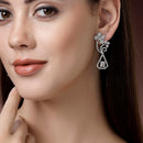 Rhodium Plated Geometric Floral White American Diamond Contemporary Long Drop Earrings