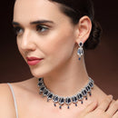 Rhodium Plated Silver Toned Rose Shaped Blue & White American Diamond Studded Jewellery Set