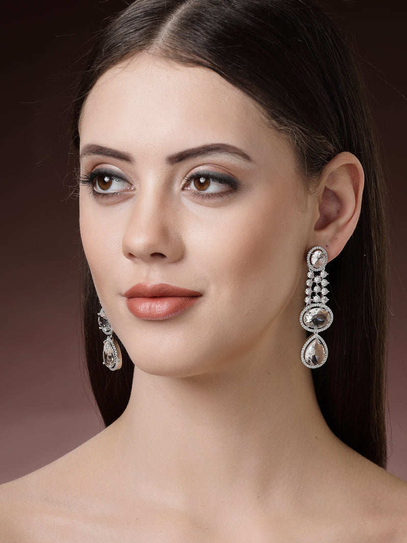 Rhodium Plated with Long Tear Drop Design White American Diamond Drop Earrings