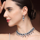 Rhodium Plated Silver Toned Rose Shaped Blue & White American Diamond Studded Jewellery Set