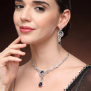 Rhodium Plated Silver Toned Floral Teardrop Shaped Navy Blue & White American Diamond Studded Jewellery Set
