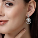 Rhodium Plated Silver Toned with Teardrop Shaped White American Diamond Drop Earrings