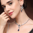 Rhodium Plated Silver Toned Floral Teardrop Shaped Navy Blue & White American Diamond Studded Jewellery Set