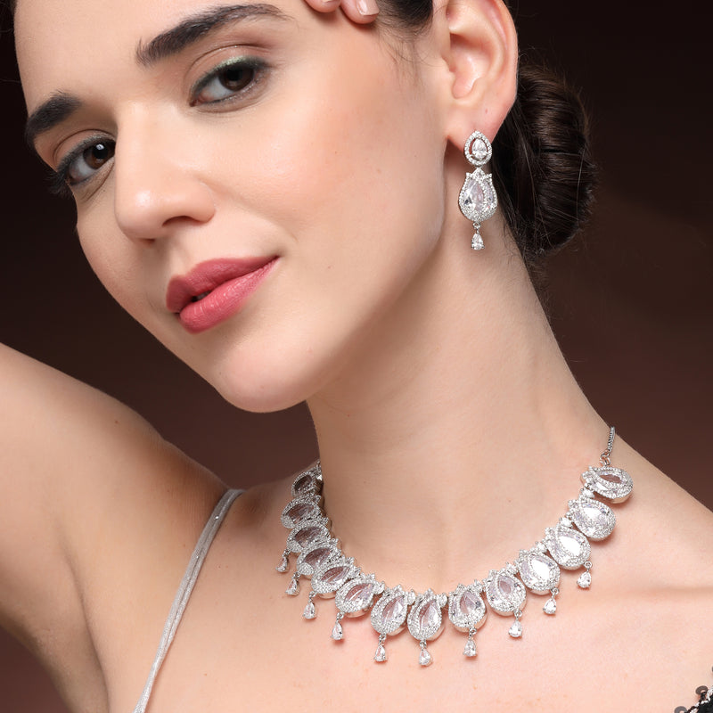 Rhodium Plated Silver Toned Rose Shaped White American Diamond Studded Jewellery Set