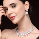Rhodium Plated Silver Toned Rose Shaped White American Diamond Studded Jewellery Set