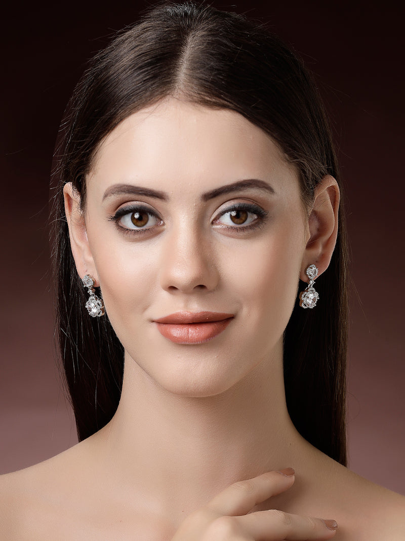 Rhodium Plated with Dual White American Diamonds Drop Earrings