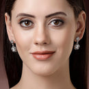 Rhodium Plated with Dual White American Diamonds Drop Earrings