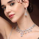 Rhodium Plated Silver Toned Teardrop Shaped White American Diamond Studded Jewellery Set
