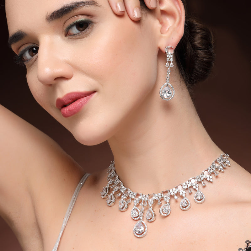 Rhodium Plated Silver Toned Teardrop Shaped White American Diamond Studded Jewellery Set