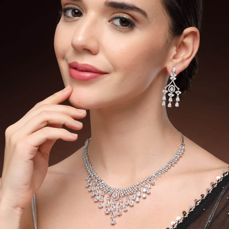 Rhodium Plated Silver Toned Teardrop Shaped White American Diamond Studded Jewellery Set