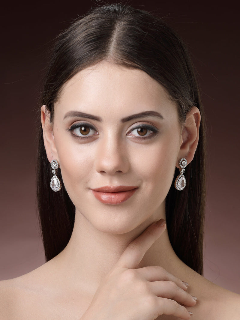 Rhodium Plated with White American Diamond Circular & Teardrop Shaped Drop Earrings