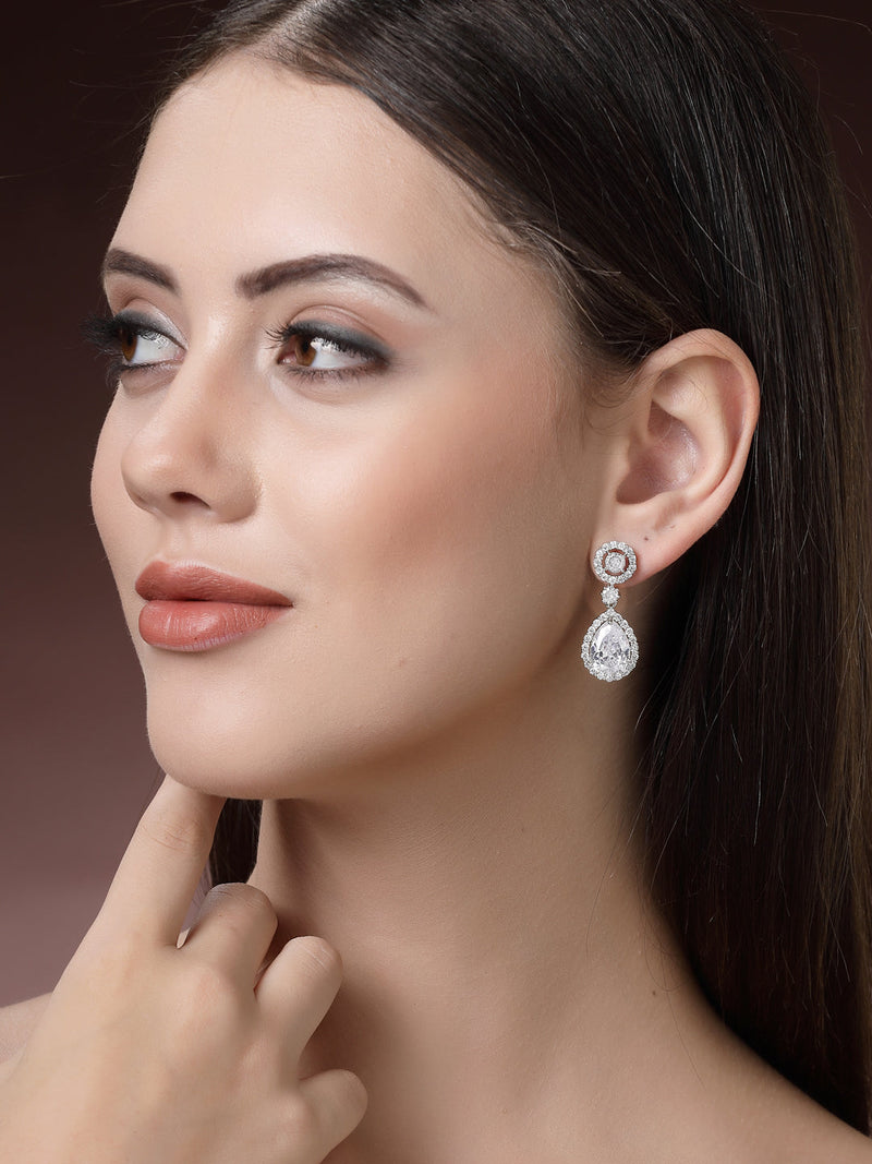 Rhodium Plated with White American Diamond Circular & Teardrop Shaped Drop Earrings