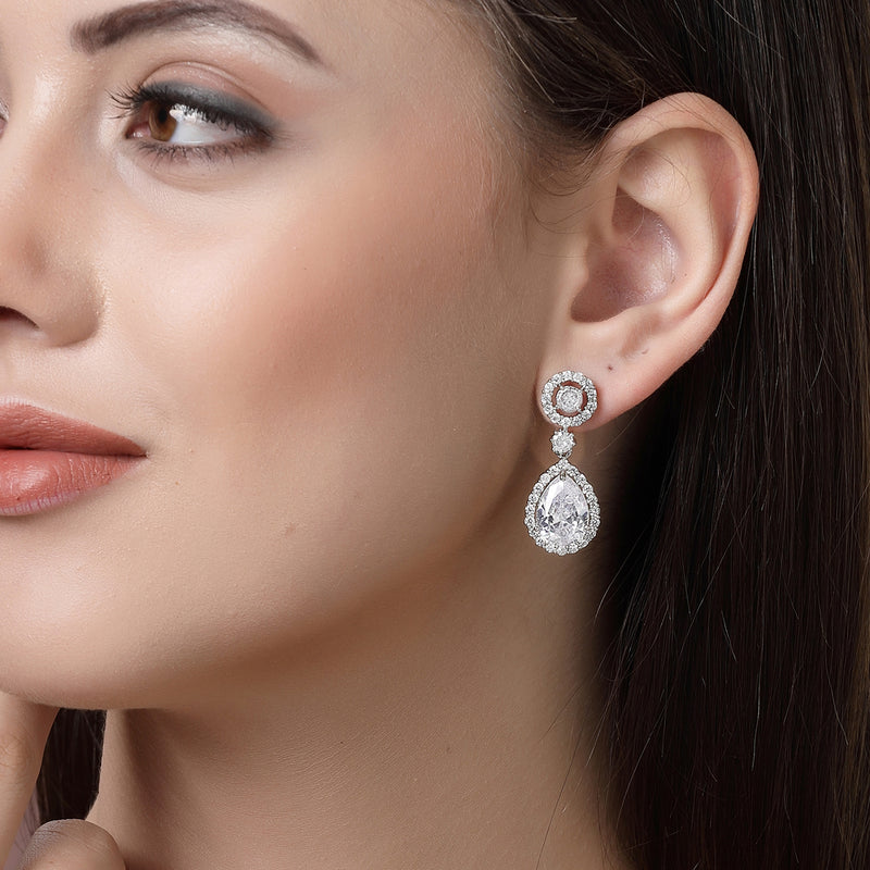 Rhodium Plated with White American Diamond Circular & Teardrop Shaped Drop Earrings