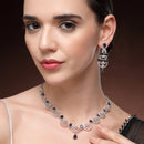 Rhodium Plated Silver Toned Crescent Shaped Blue & White American Diamond Studded Necklace With Earrings Jewellery Set
