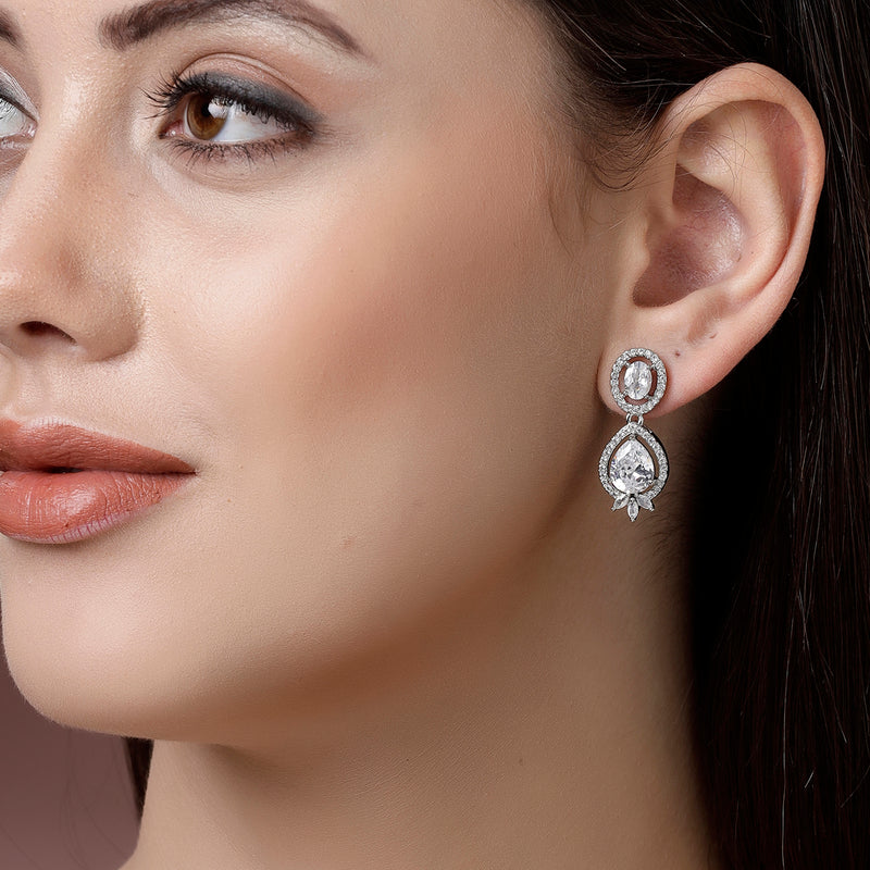 Rhodium Plated with White American Diamond Small Drop Earrings