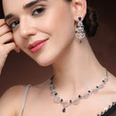 Rhodium Plated Silver Toned Crescent Shaped Blue & White American Diamond Studded Necklace With Earrings Jewellery Set