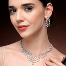 Rhodium Plated Silver Toned Floral Sea Green & White American Diamond Studded Jewellery Set