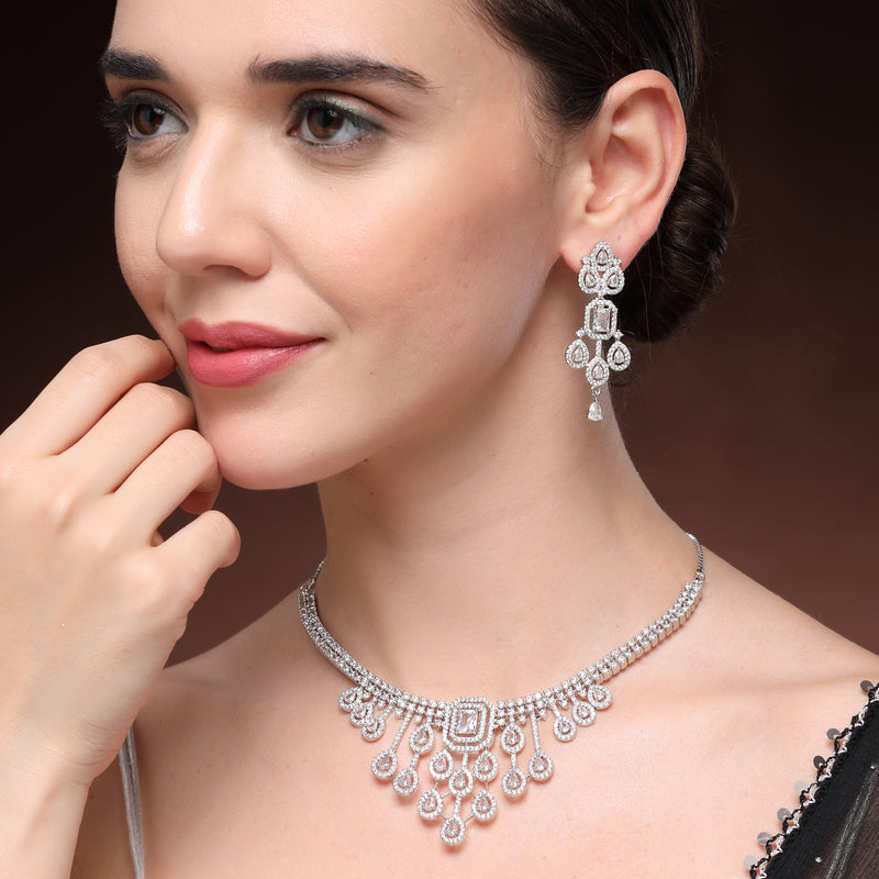 Rhodium Plated Silver Toned Teardrop White American Diamond Studded Jewellery Set