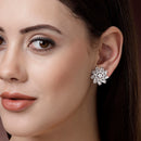 Rhodium Plated Floral Shape White AD Stone Contemporary Studs Earrings