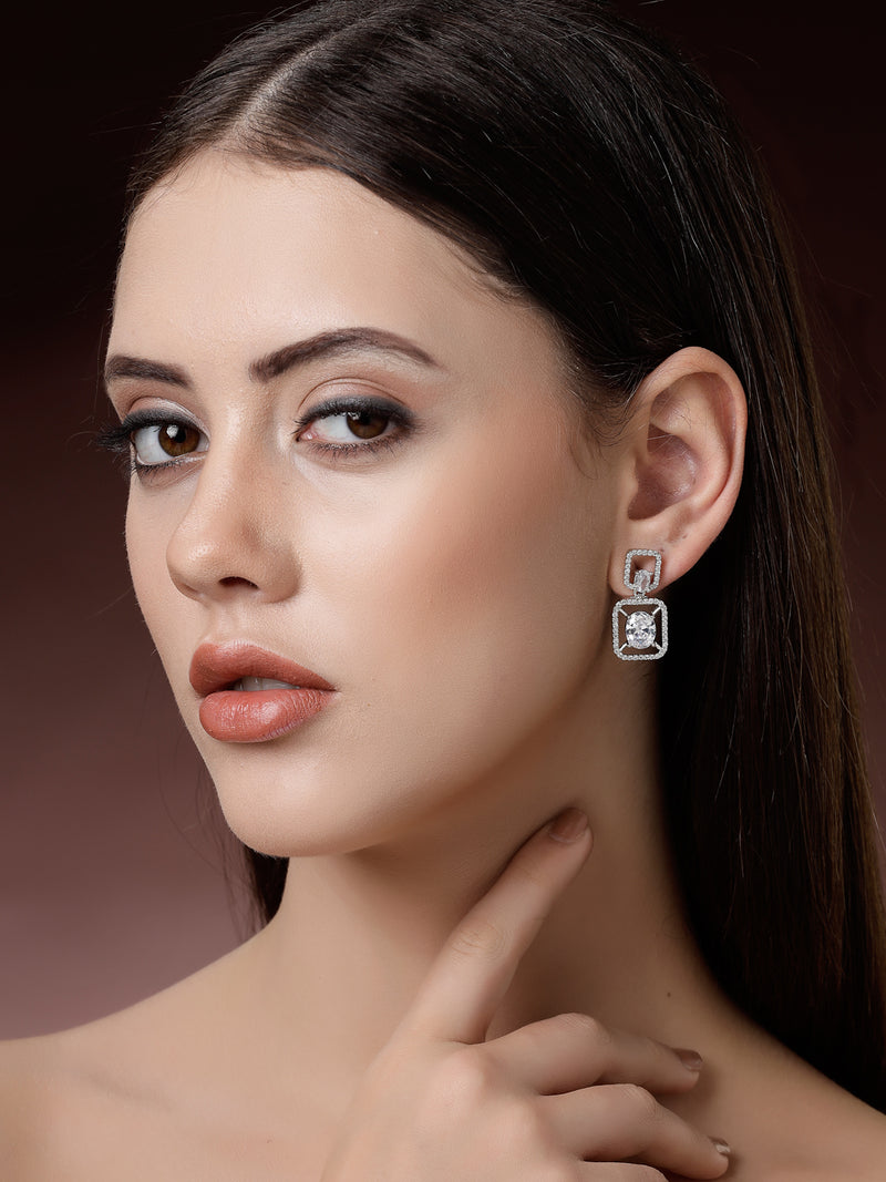 Rhodium Plated with White American Diamond Stylish Square Shaped Small Drop Earrings