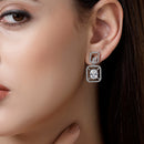 Rhodium Plated with White American Diamond Stylish Square Shaped Small Drop Earrings