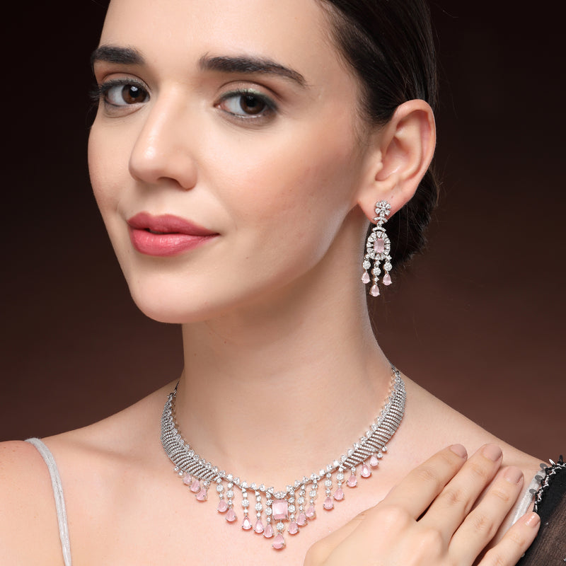 Rhodium Plated Silver Toned Teardrop Shaped Pink & White American Diamond Studded Jewellery Set