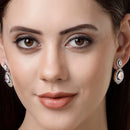 Rhodium Plated with White American Diamond Dual Teardrop Design Drop Earrings